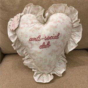 Anti-Social Club Embroidered Heart Pillow Pink White Floral Coquette Ruffles New